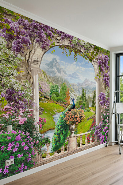 dreamwall Taş Sokak, Çiçek Saksıları ve Sahil Kasabası Manzaralı Tek Parça Te...