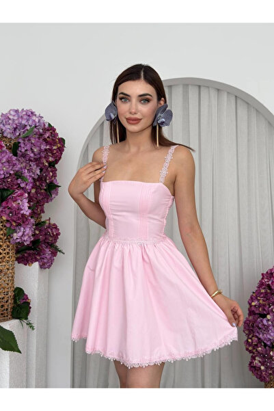 Moda Days Women's Pink Mini Dress Square Neck Lace Strap Corset Look Poplin