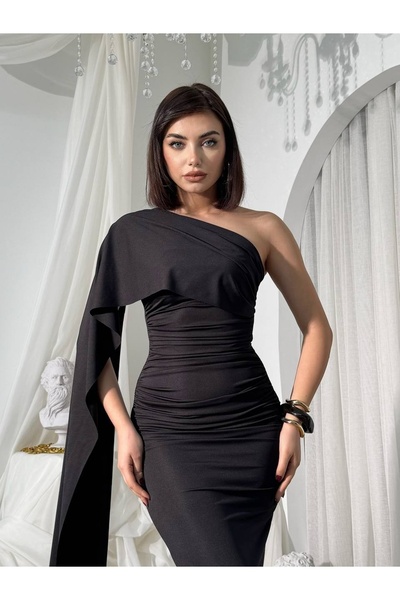 Moda Days فستان أسود نسائي بكتف واحد وتفاصيل شال، تصميم ضيق متوسط الطول، فستا...