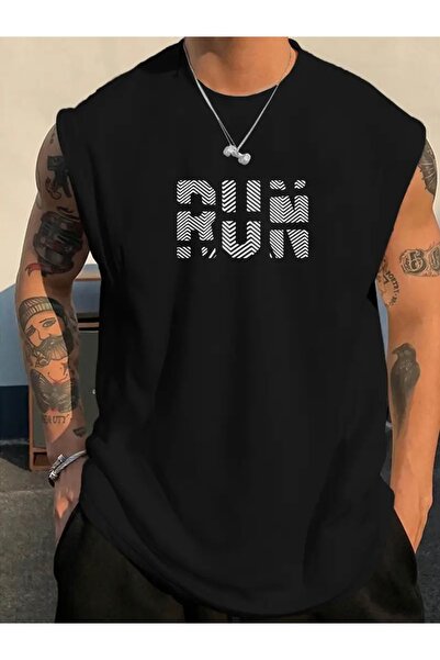 FUFLUNS تي شيرت رجالي بدون أكمام بطباعة RUN ذو تصميم عادي وياقة دائرية رياضية...