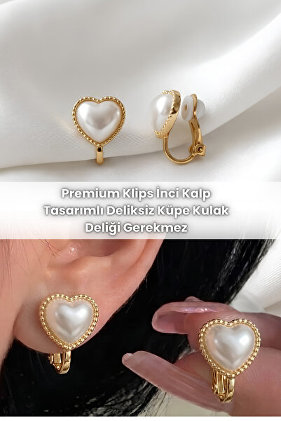 Elifsu Jewelry أقراط كليب فاخرة بتصميم قلب من اللؤلؤ لا تحتاج إلى ثقب للأذن