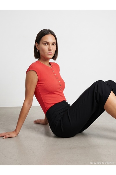 Dilvin 31887 Buttoned Short Sleeve Top-Red
