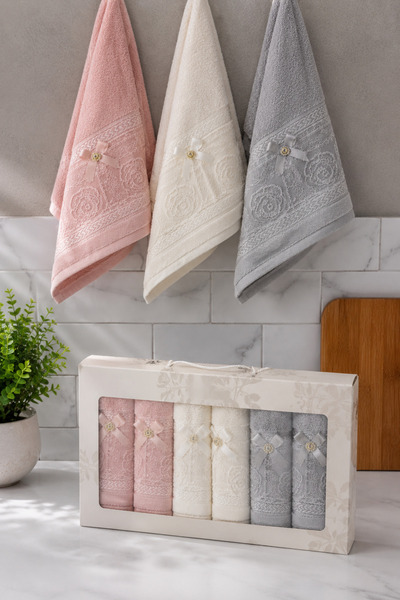 İz Home 6lı Fiyonk Dantel Detaylı Kutulu Mutfak Havlusu Seti | %100 Pamuk | 30x50 CM | Hediyelik - Çeyizlik | Pembe Bej Gri | Orkidem