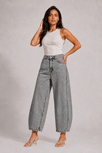 SHEVEGA Smoked High Waist Short Leg Baggy Jean Denim Trousers