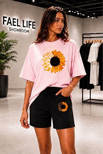 FAEL LİFE Unisex Wide-Fit T-Shirt and Shorts Set with Sunflower Print