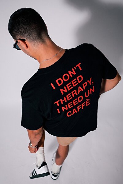 GIA - ART Men's Oversize T-Shirt Caffè Therapy Printed Black – Crew Neck, Com...
