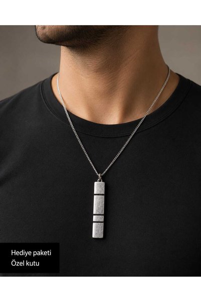 HER ŞEY NOTA www.herseynota.com Geometric Striped Silver Color Rectangular Pendant Men's Necklace
