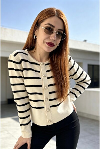 aurabutikstyle Siyah Kadın Çizgili Triko Hırka