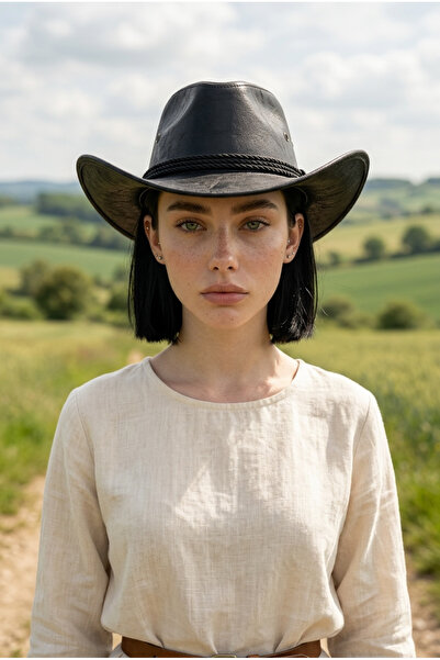 Gigi Luxe Vegan Deri Unisex Kovboy Şapkası Vintage Western Tarz Geniş Kenarlı...