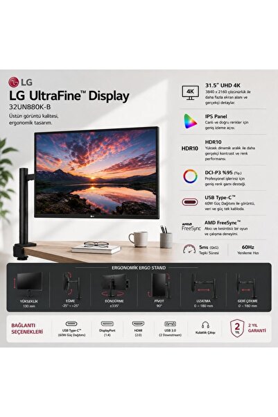 LG UltraFine Display 32UN880K-B 31.5'' 60Hz 5ms IPS UHD 4K Pivot 3840x2160 HD...