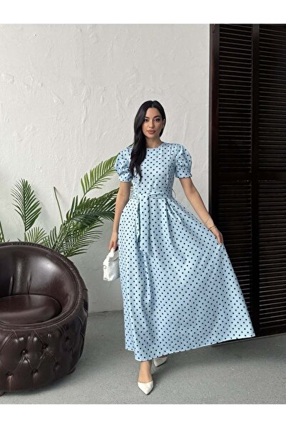 Moda Days Women's Blue - Blue Polka Dot Maxi Length Belted Balloon Sleeve Rou...
