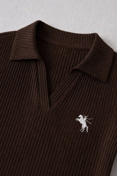 Violon Brown Long Sleeve Ribbed Polo Collar