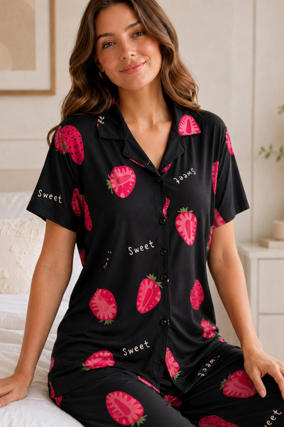 Veraura Lifestyle Black Strawberry Patterned Short Sleeve Shirt Collar Milan ...