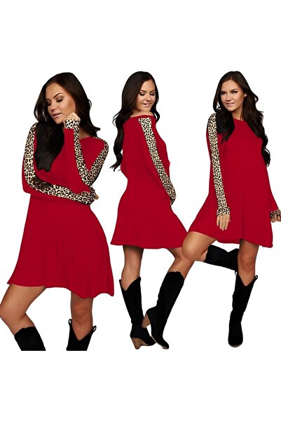 Wear Up فستان نسائي قصير بأكمام طويلة ورقبة دائرية وأكمام بتفاصيل جلد الفهد
