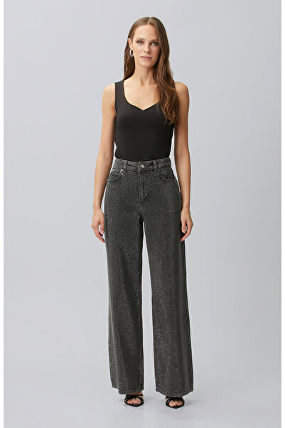 Network Antrasit Wide Leg Baskılı Denim Pantolon