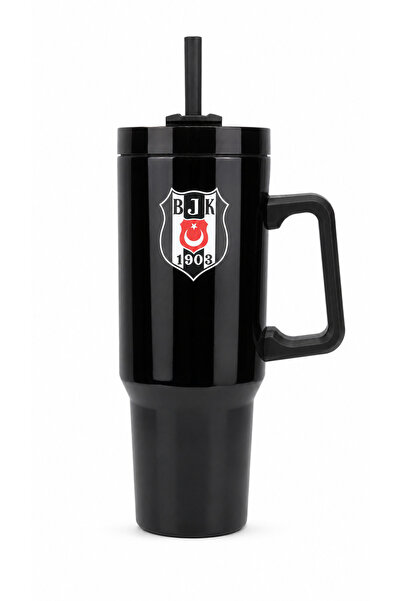 Beşiktaş Licensed Thermos Mug with Straw and Handle - Black Stainless Steel F...