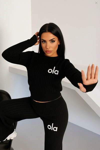 H&E LUXURY DESIGN Women's Ribbed Knitwear Set Crop Sweater High Waist Wide Le...