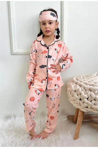 LUFFY KİDS Girl's Patterned Cotton Front Buttoned Eyelet Long Sleeve Pajama S...