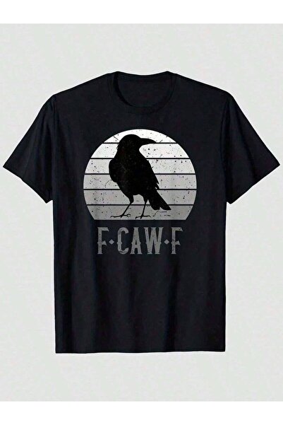 26LIK Plus Size F-Caw-F Men Vintage Crow Moon Graphic T-Shirt Black Retro Bir...