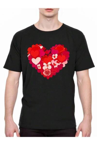 26LIK Men's T-Shirt With Floral Heart Print For Valentine's Day, Red Roses Pi...