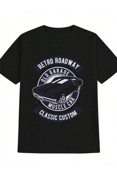 9JY Men'S Retro Roadway Muscle Graphic-Shirt - Crew Neck, Black With Blue & W...