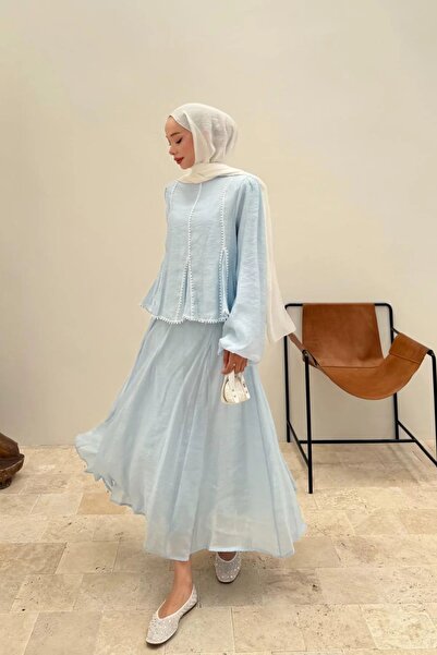 Gülşah collection Pompom Lace Detailed Skirted Double Set - Blue
