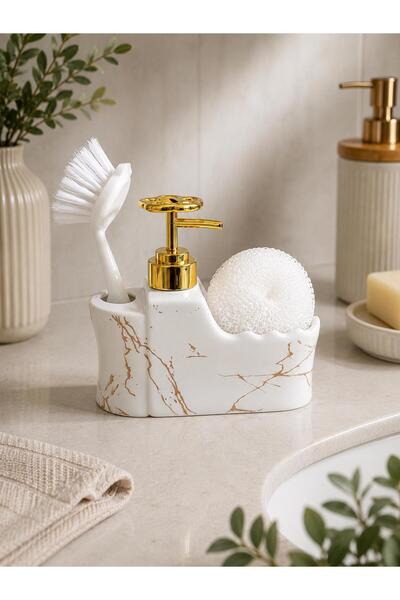 ALBETTO 14359 White Marble Patterned Porcelain Liquid Soap Dispenser with Bru...