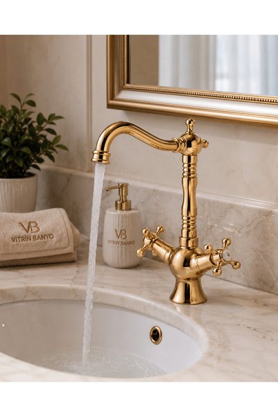 vb vitrinbanyo صنبور حوض غسيل ذهبي بتصميم كلاسيكي بمقبض متقاطع وأنبوب عالي، ط...