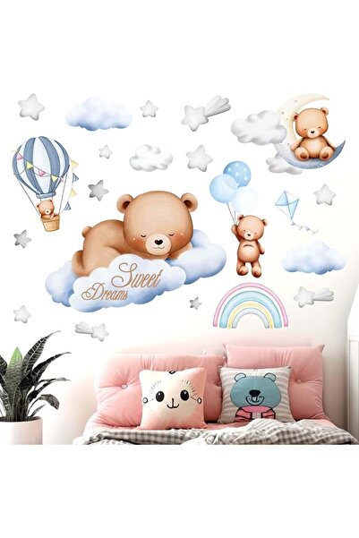 Amimagen Tedy Bear Sleeping Wall Decals - Moon and Stars Hot Air Balloon Wall...