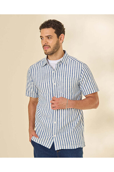 REDTAG Men Navy Striped Short Sleeve Shirt