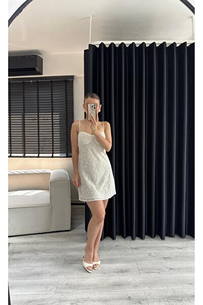 Özgece EKRU DANTEL DETAY MİNİ ELBİSE