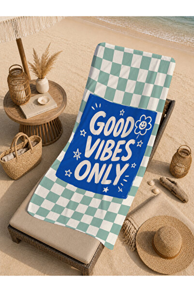Evmila Prosop de plajă Retro Good Vibes Only Mint în carouri, cu model, 70x15...