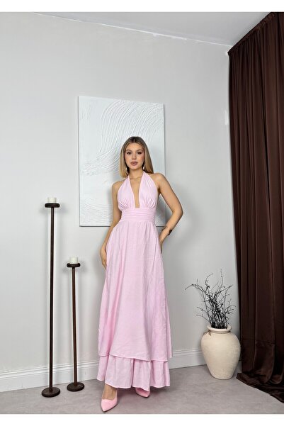 Clothes Fast Women's Pink Halter Neck Backless Layered Maxi Dress with Belted...