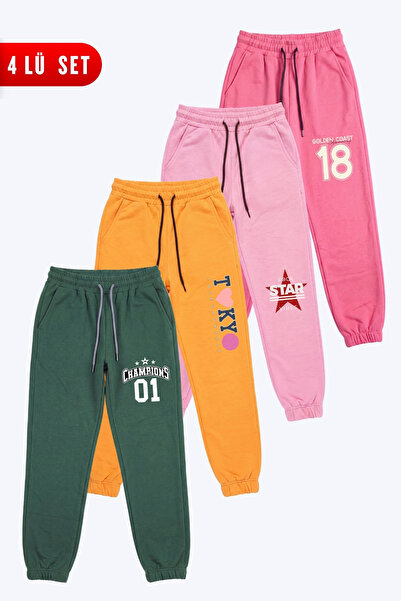 FYK KİDS Girl's 4-Piece Double Pocket Printed Jogger Sweatpants