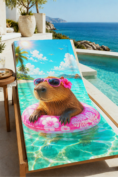 Evmila Pop Art Capybara with Glasses, Sea and Bagel Patterned 70X150 Beach To...