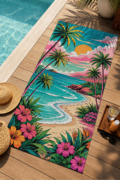 Evmila Colorful Tropical Island Palm and Village View Patterned 70X150 Beach ...