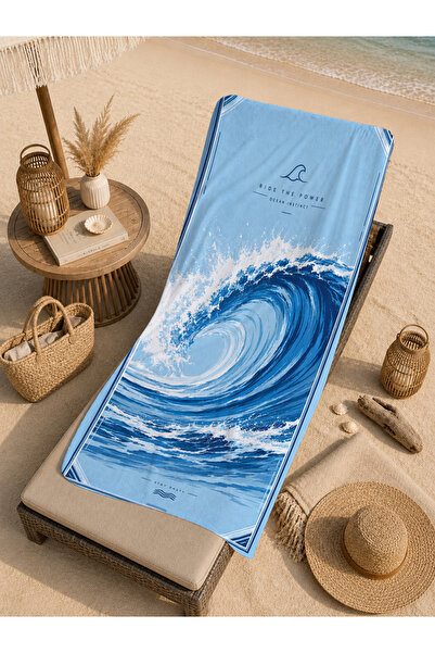Evmila Prosop de plajă 70x150 cu model spectaculos de valuri oceanice albastr...