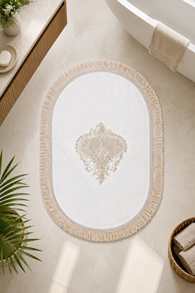Teksev White Embroidered Non-Slip Leather Based Oval Bath Mat with Tassels Wa...