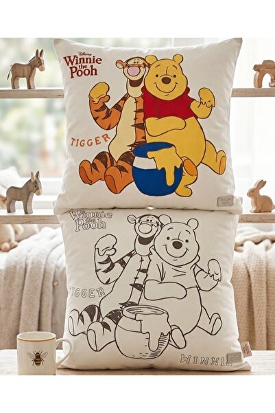 Taç Lisanslı Winnie The Pooh ve Tigger 40x40 Boyanabilir Kırlent %100 Pamuk