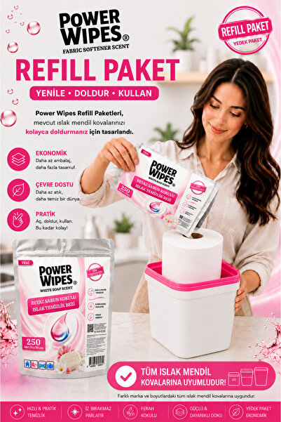 Power Wipes White Soap Scented Wet Wipes 250 Sheets Refill Spare Pack Multi-P...