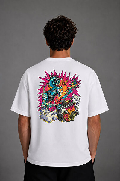 VSRN Tricou supradimensionat alb cu imprimeu pe spate cu design Rocker Skeleton