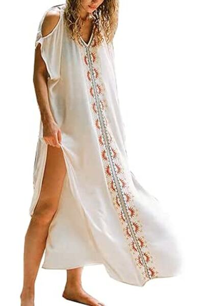 YouKD Summer Cotton Embroidered Floral Loose Caftan Boho Beach Bikini Cover U...