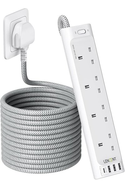 LENCENT وصلة تمديد كهربائية بطول 5 أمتار مع 4 منافذ USB، شريط طاقة بـ 4 مخارج