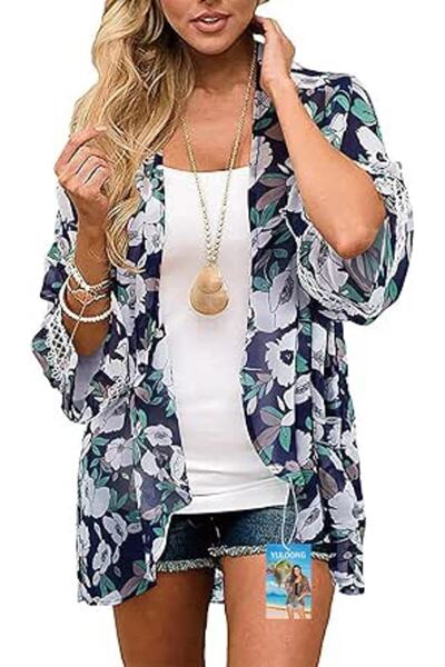YULOONG Womens Cover Ups Chiffon Floral Print Kimono Loose Shawl Cardigan Boh...