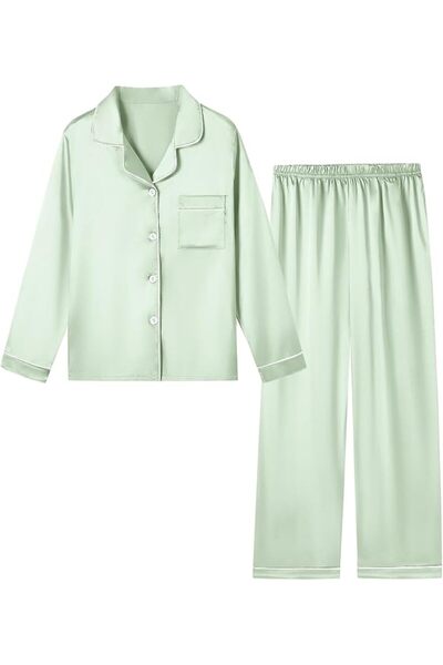 GENERAL Schbbbta Girls Boys Satin Pajamas Set, 2Piece Silk Nightwear Button-D...