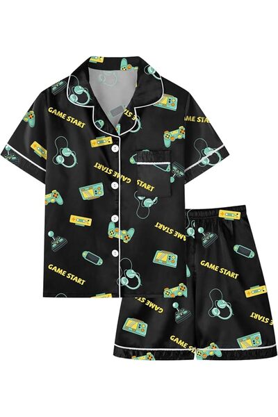 GENERAL Schbbbta Girls Boys Satin Pajamas Set, 2Piece Silk Nightwear Button-D...