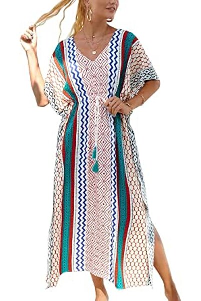 YouKD Maxi Dress V-neck Kaftan Boho Beach Bikini Cover Up Robe Plus Size Loun...