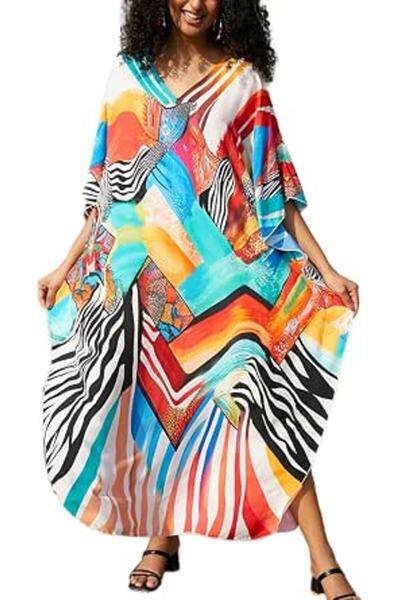 YouKD Maxi Dress V-neck Kaftan Boho Beach Bikini Cover Up Robe Plus Size Loun...