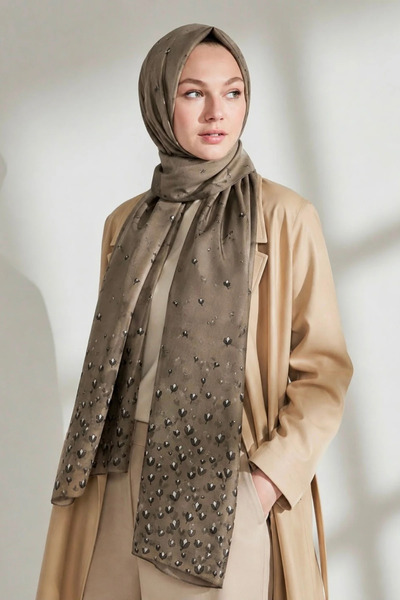 Lesscarves Desenli Pamuk İpek Şal LS2302 Çiçekli Desen 03-Vizon