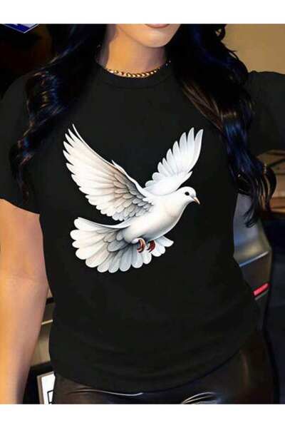 23ERVA Women's White Dove Design, Pure Cotton T-Shirt, Casual Wear, Spring Su...